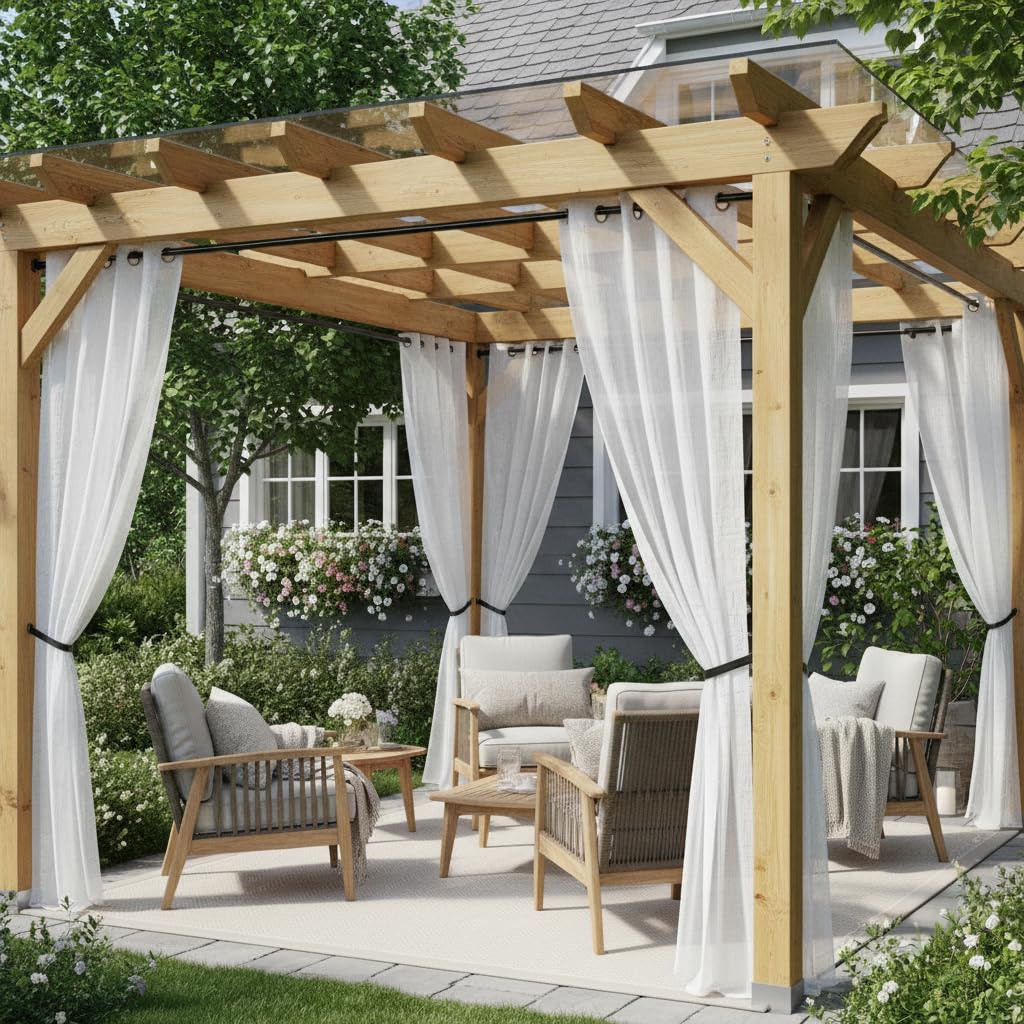 HolidayIdeas front view of four white semi-voile panels adding elegant shade