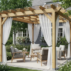 HolidayIdeas front view of four white semi-voile panels adding elegant shade