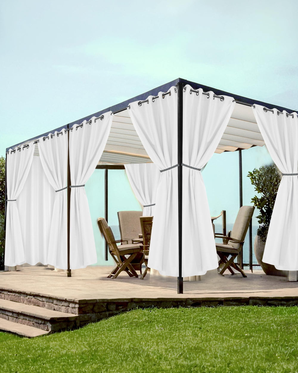 HolidayIdeas front view of white grommet curtains showing clean look and privacy