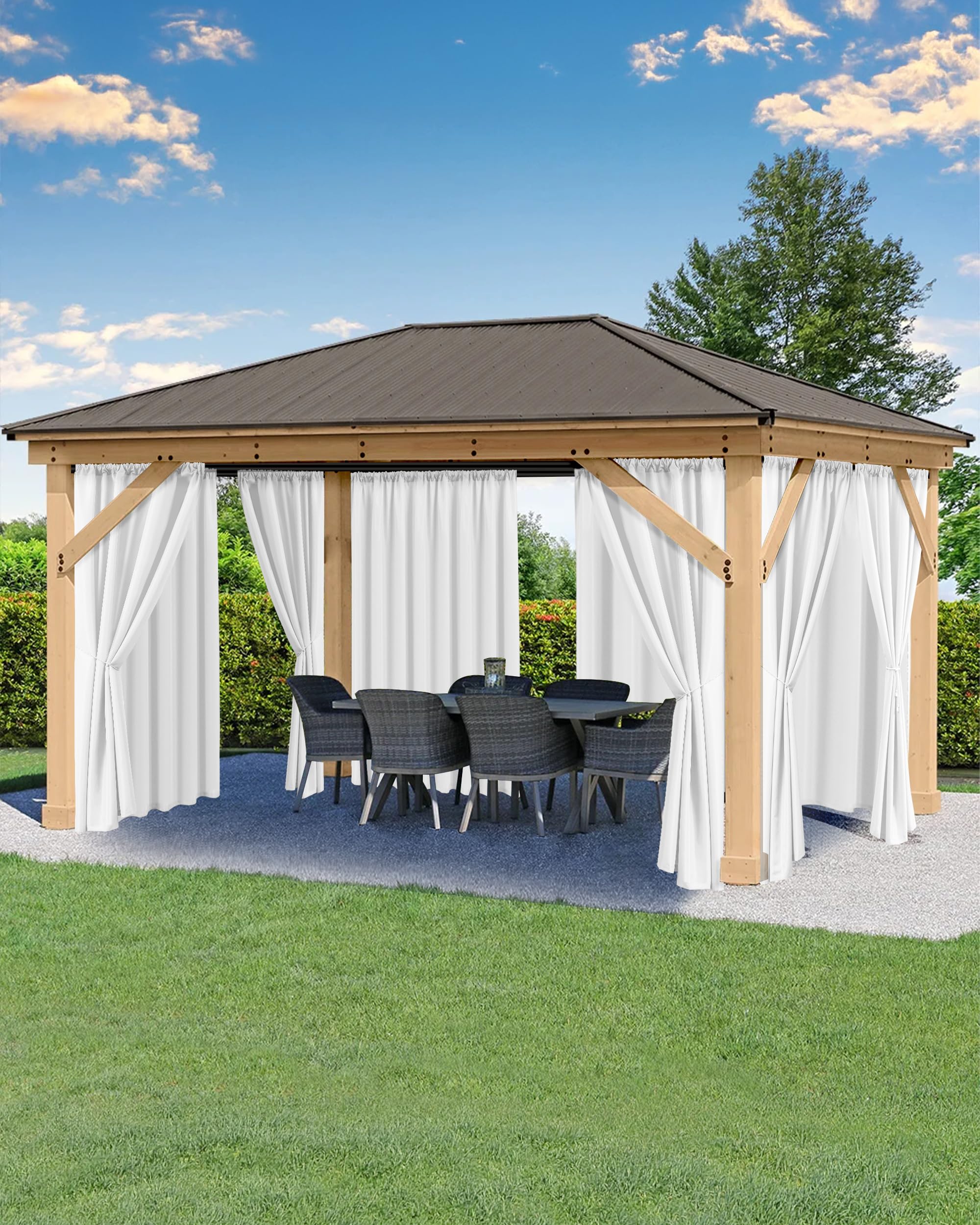 HolidayIdeas front view of six white outdoor curtain panels showing full coverage and privacy