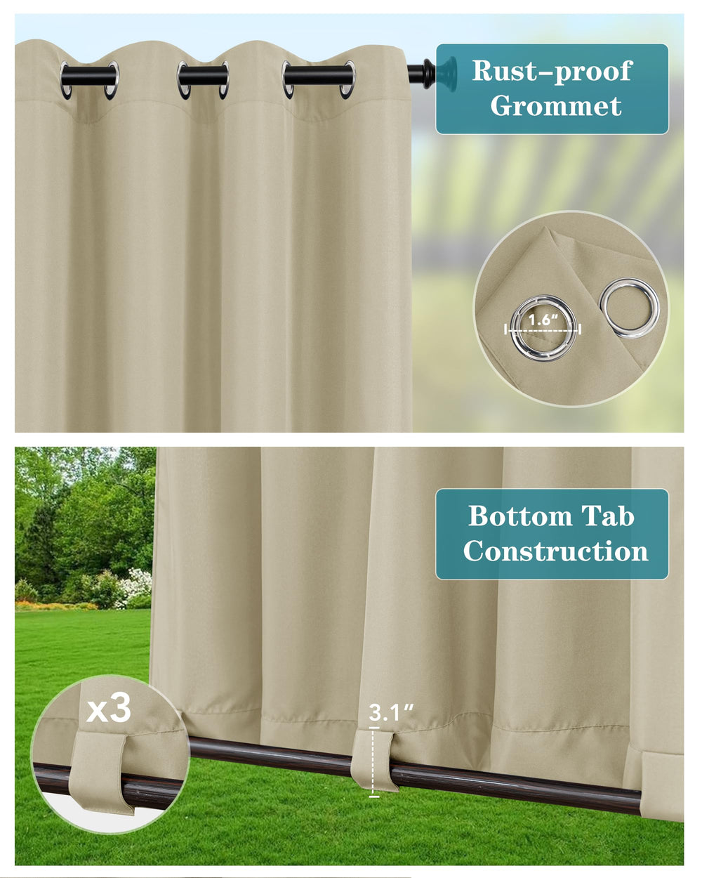 HolidayIdeas stainless-steel grommet close-up for secure rod mounting and smooth sliding
