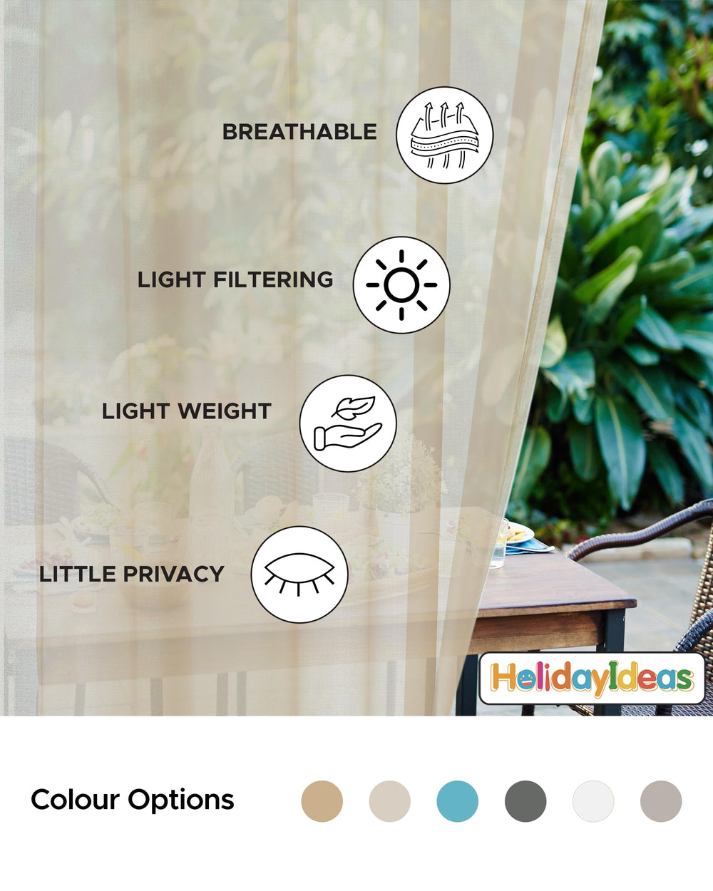 HolidayIdeas outdoor curtains hung on a patio rod, quick installation and style benefit