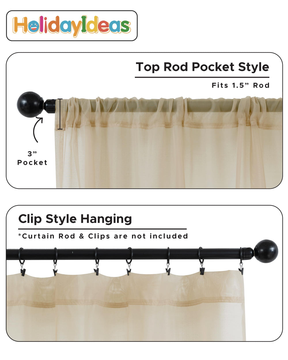 HolidayIdeas curtains beside chair showing size scale, clear dimensions and fit benefit