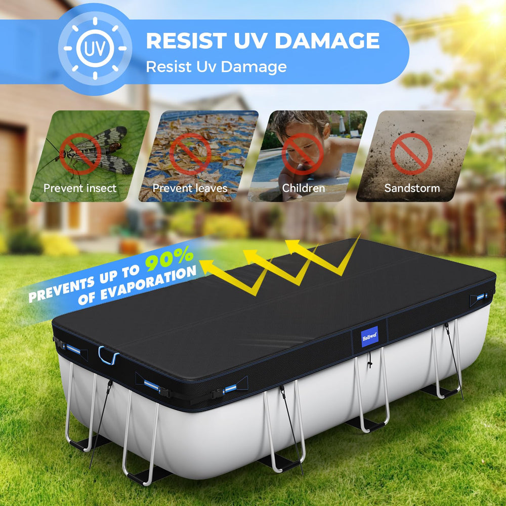 Holiwei pool cover installed in backyard demonstrating debris protection and solar heating