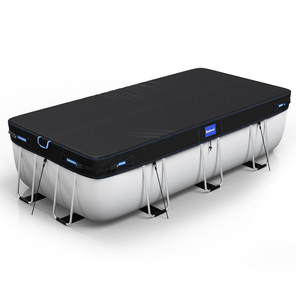 Holiwei front view of folded 9x18 ft pool cover showing complete package and fit benefits