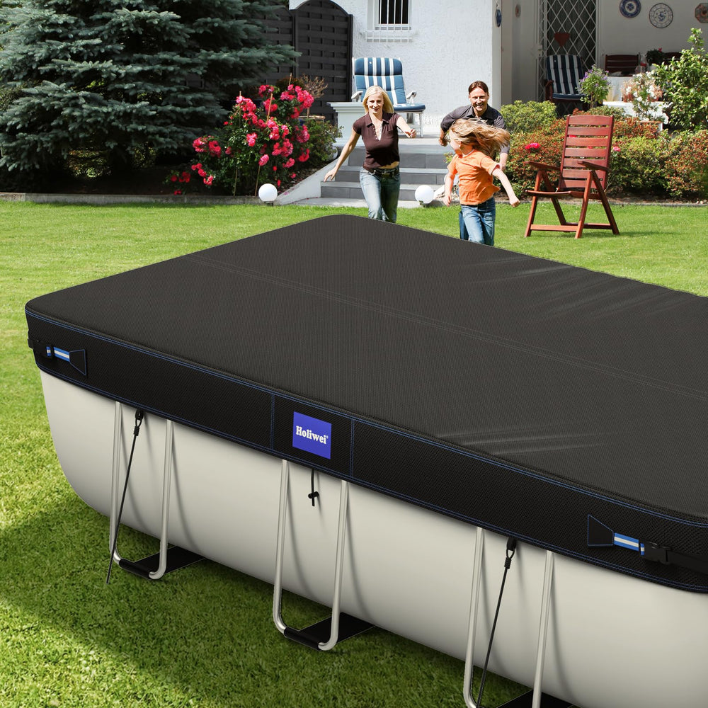 Holiwei cover next to lawn chair illustrating scale and 12x24 ft coverage for above-ground pools