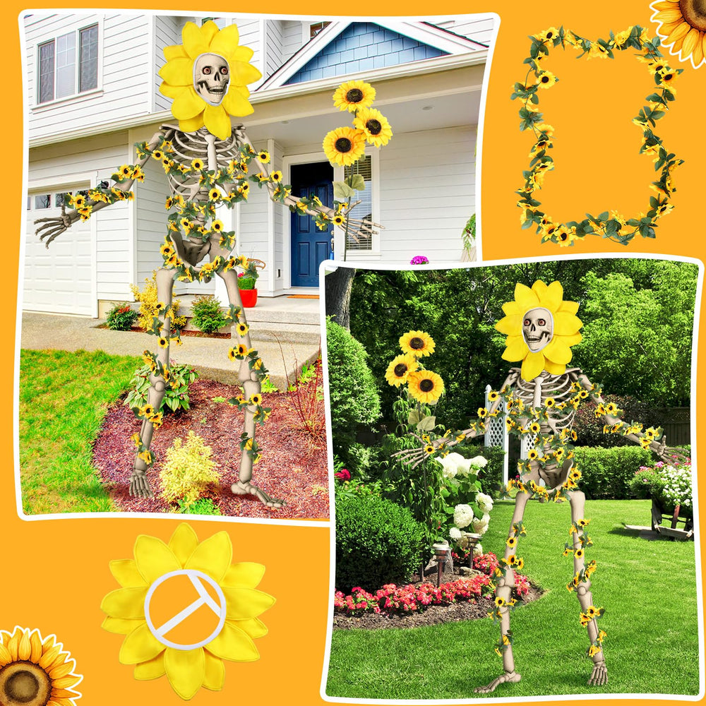 Hollowfly decorated porch with 12 ft skeleton creating bright summer-Halloween atmosphere