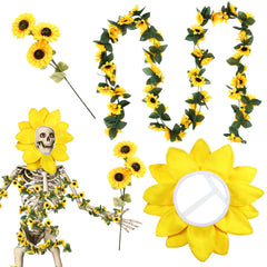 Hollowfly full 12 ft skeleton dressed with sunflower set showcasing festive curb appeal