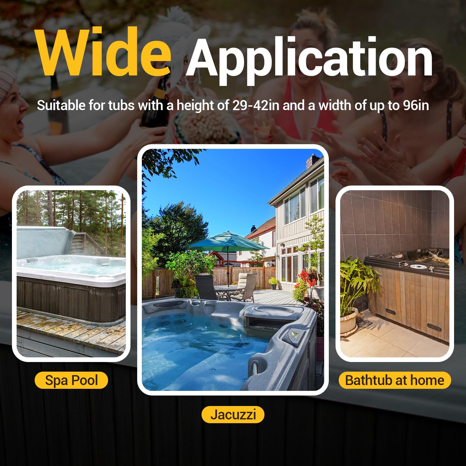 Holymuss lifestyle view with spa open and cover stored for quick use