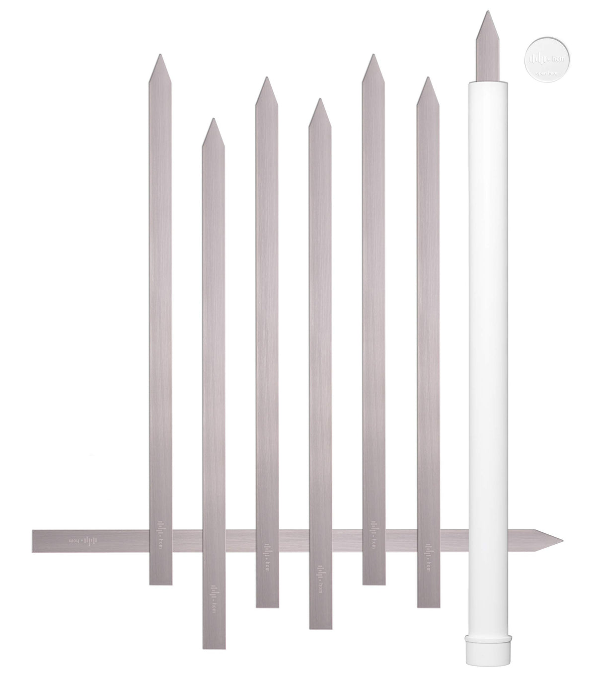 HOM front packaging of 8 flat skewers showing durable case and contents benefits