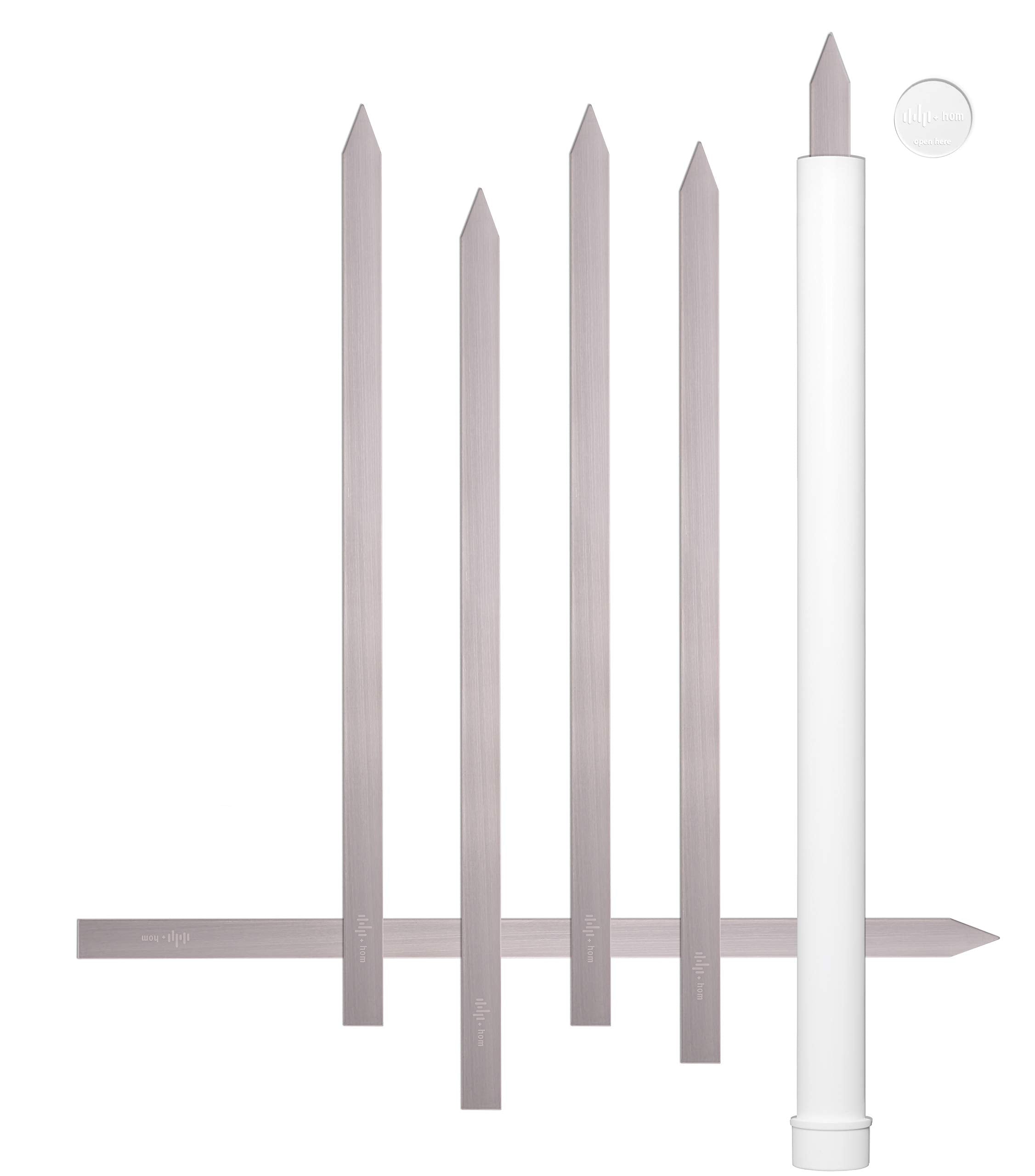 HOM front view of six flat skewers in package showing durable stainless steel