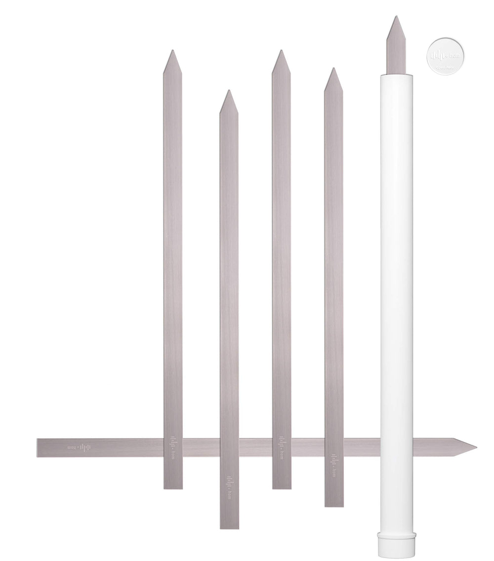 HOM front view of six flat skewers in package showing durable stainless steel