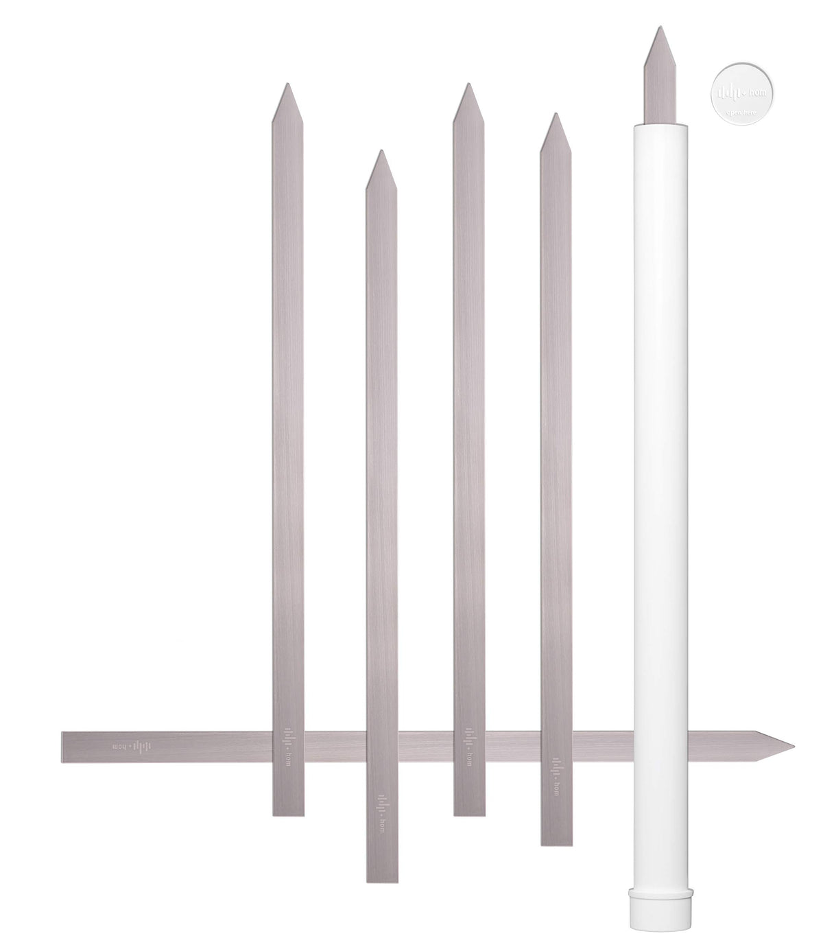 HOM front view of six flat skewers in package showing durable stainless steel