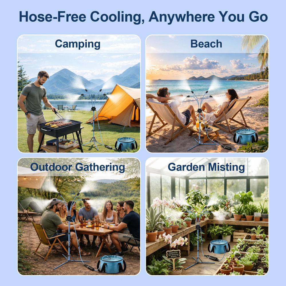 Homasky portable setup at a beach campsite showing cordless convenience benefit