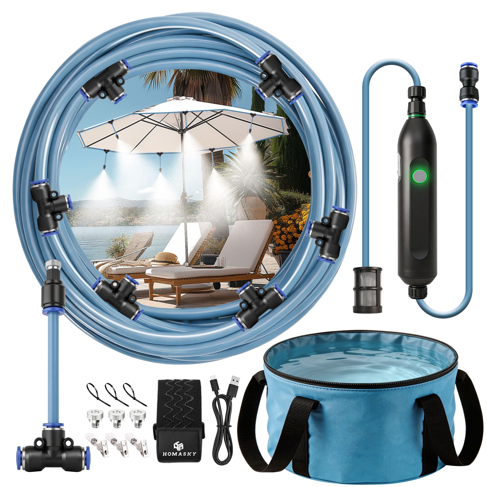 Homasky front view of full portable misting kit for instant setup