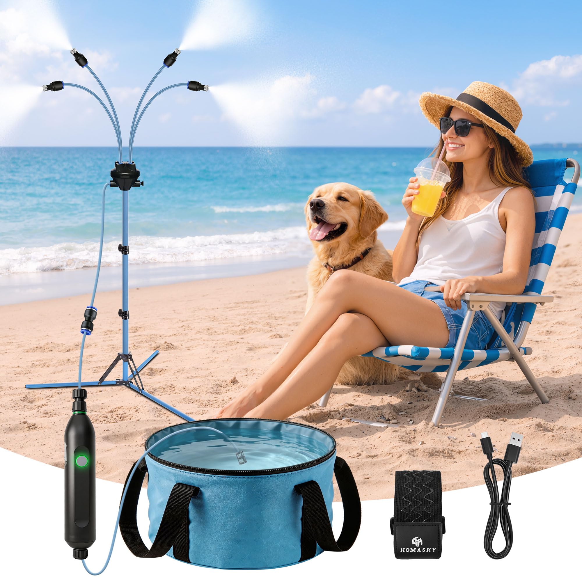 Homasky front view of standing mister showing compact setup and easy transport benefit