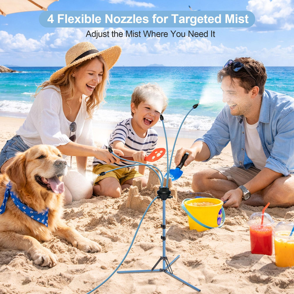 Homasky mister in use over backyard seating providing comfortable outdoor cooling benefit