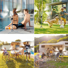 Homasky mister in use with people enjoying cooler patio atmosphere