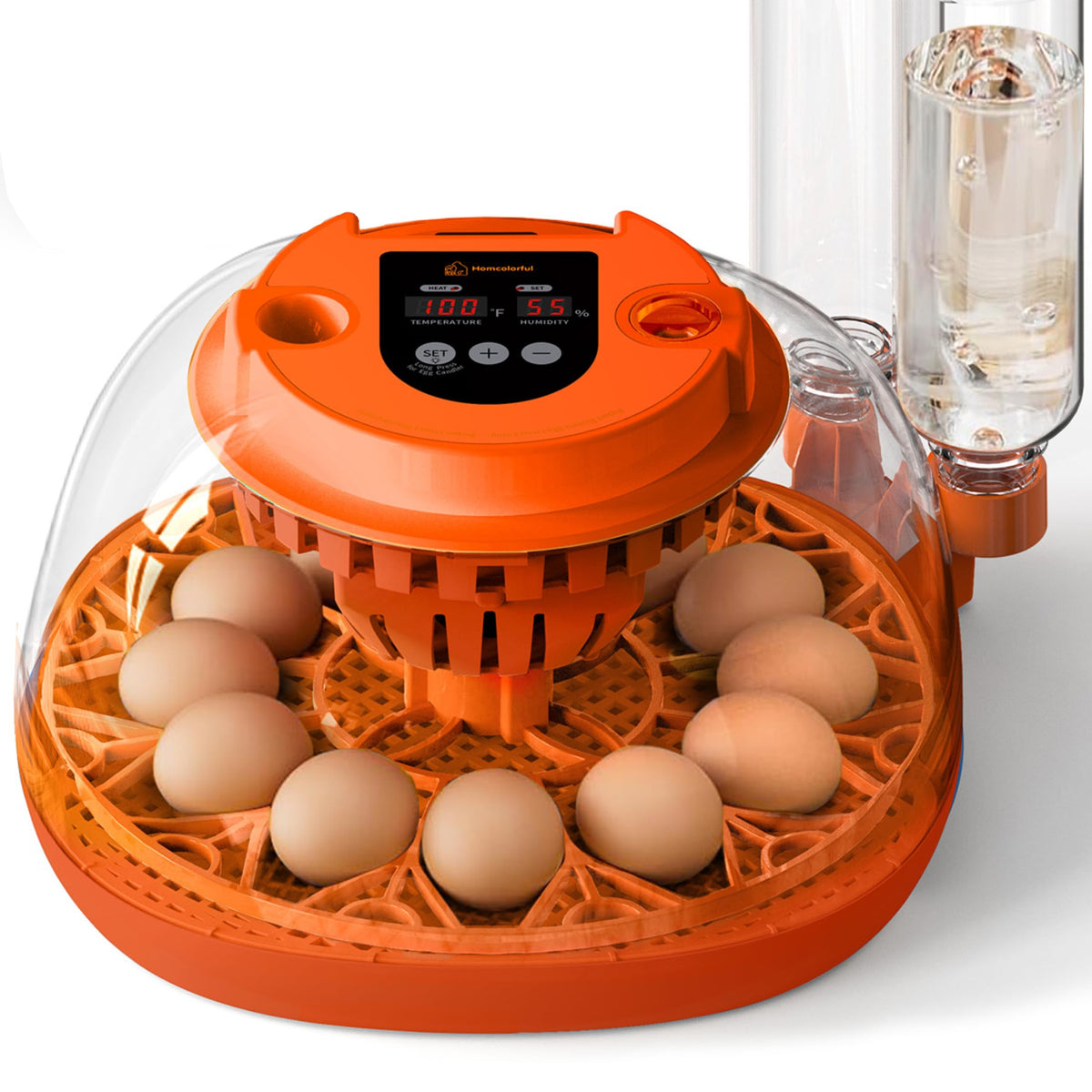 Homcolorful front view showing incubator filled with eggs and clear benefits