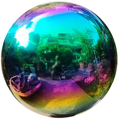 HomDSim rainbow gazing ball front view shows mirror shine and color