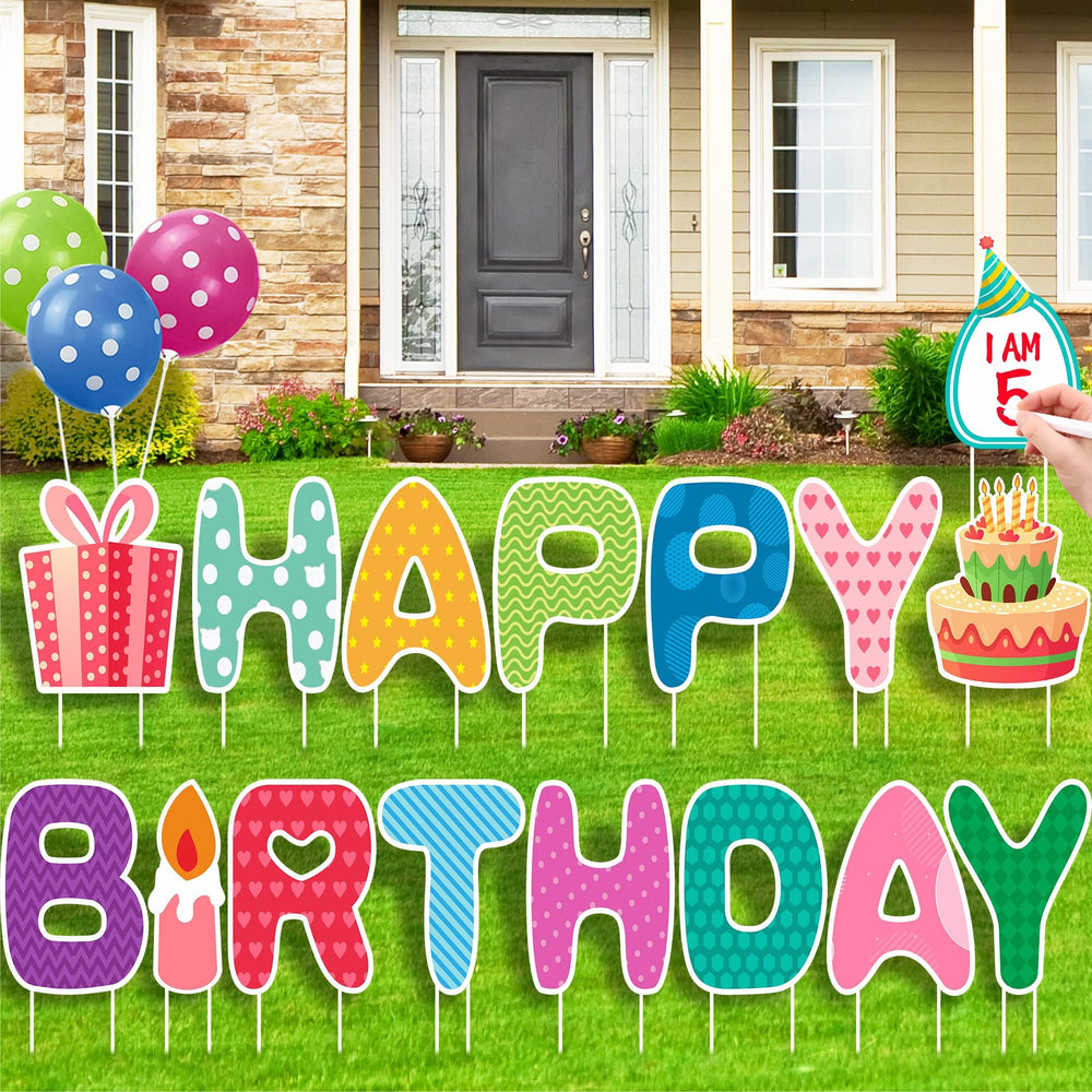 HOME COMPOSER front assembled display showing colorful birthday letters and stakes for curb appeal