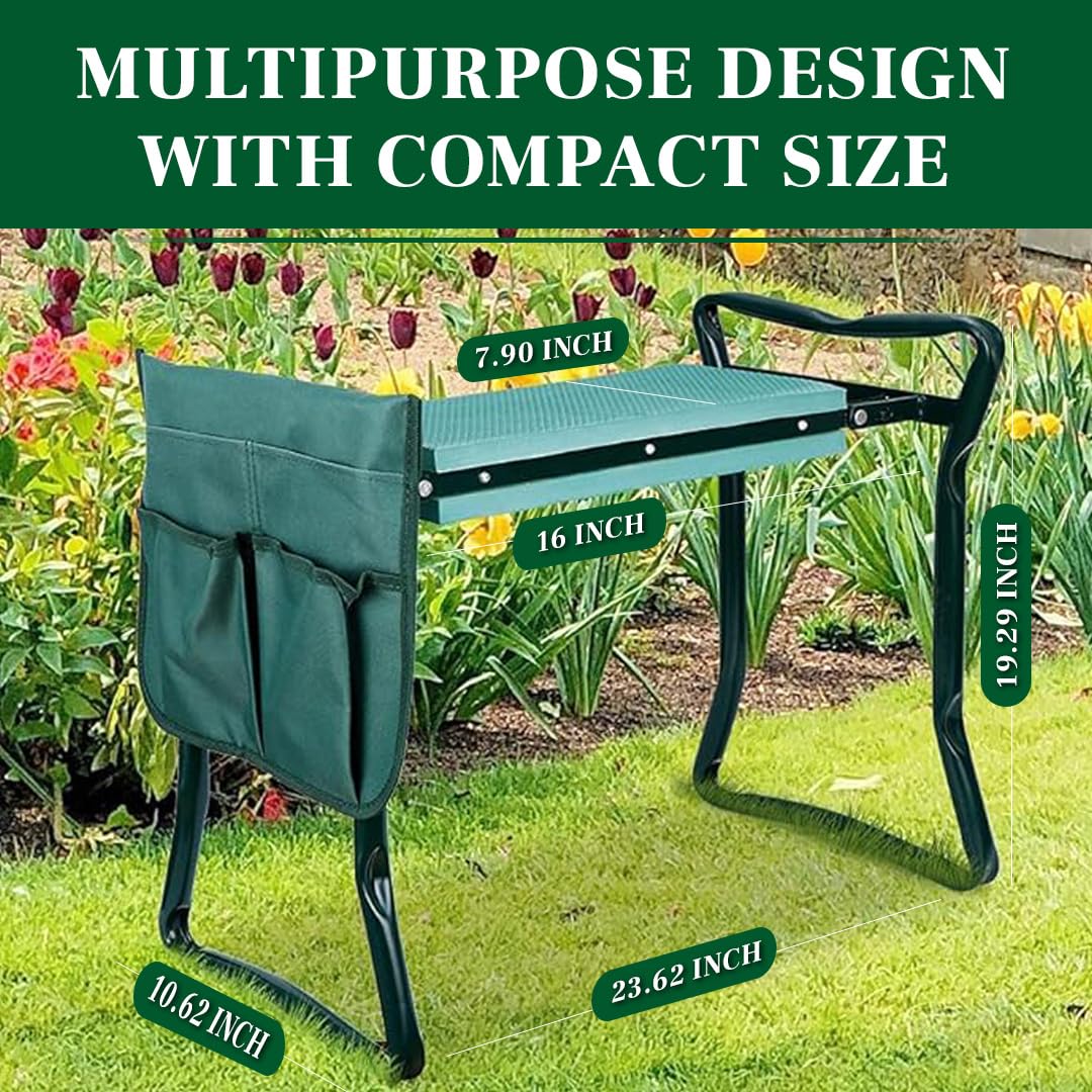 Home & Garden Trends folded bench profile illustrating compact, easy-to-store gardening stool