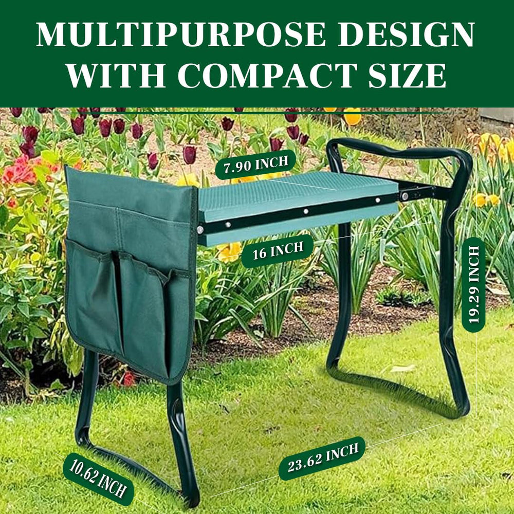 Home & Garden Trends folded bench profile illustrating compact, easy-to-store gardening stool
