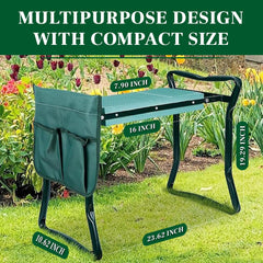 Home & Garden Trends folded bench profile illustrating compact, easy-to-store gardening stool