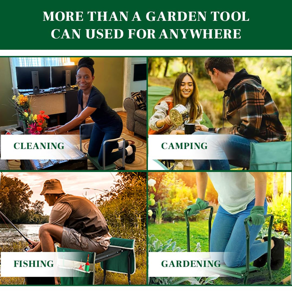 Home & Garden Trends gardener kneeling on bench showing reduced strain and tidy workspace