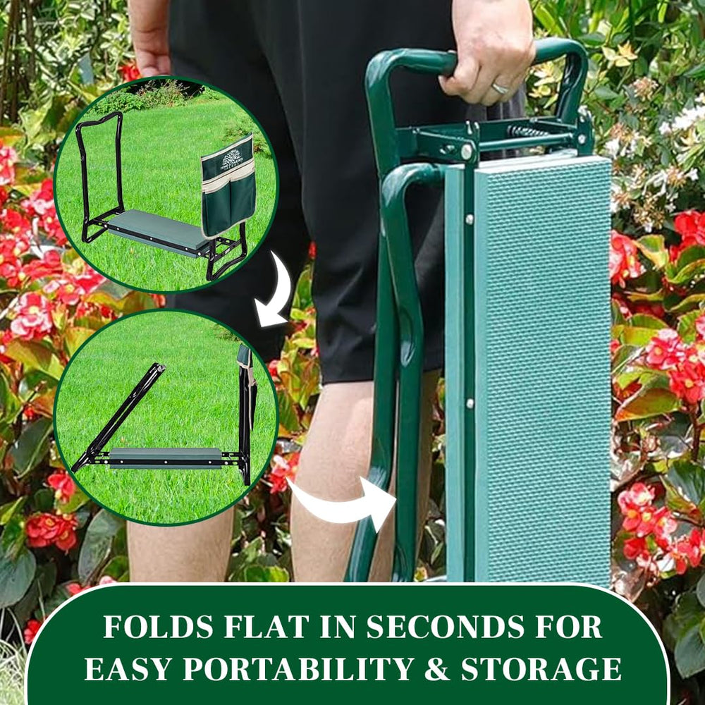 Home & Garden Trends converted seat mode used by senior gardener providing seated comfort