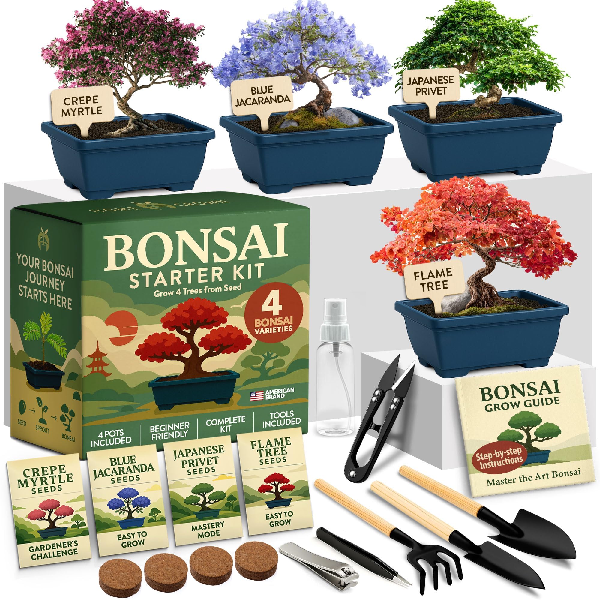 HOME GROWN kit box front view showing complete bonsai starter contents and gift-ready packaging