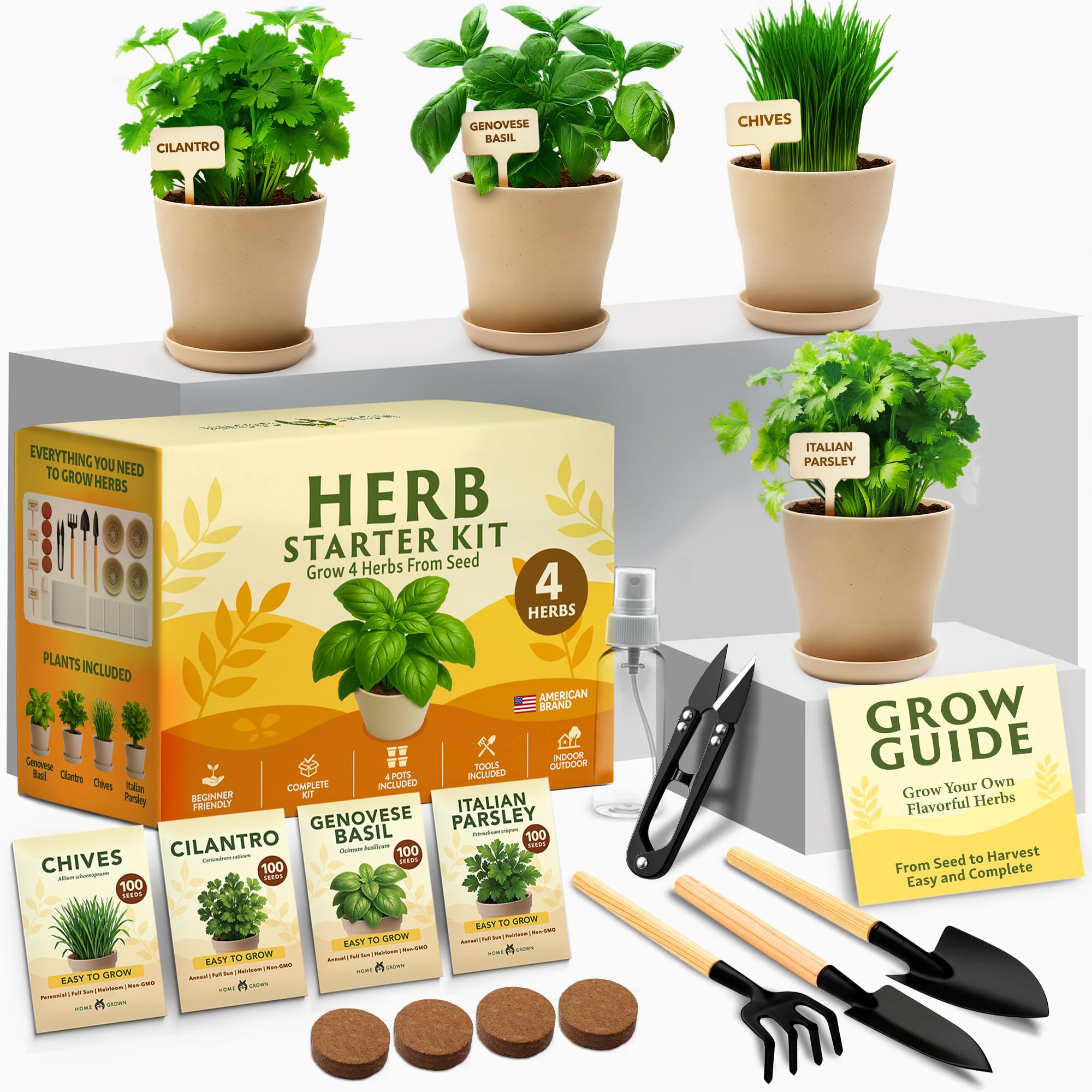 HOME GROWN front packaging showing complete indoor herb kit and gift-ready box