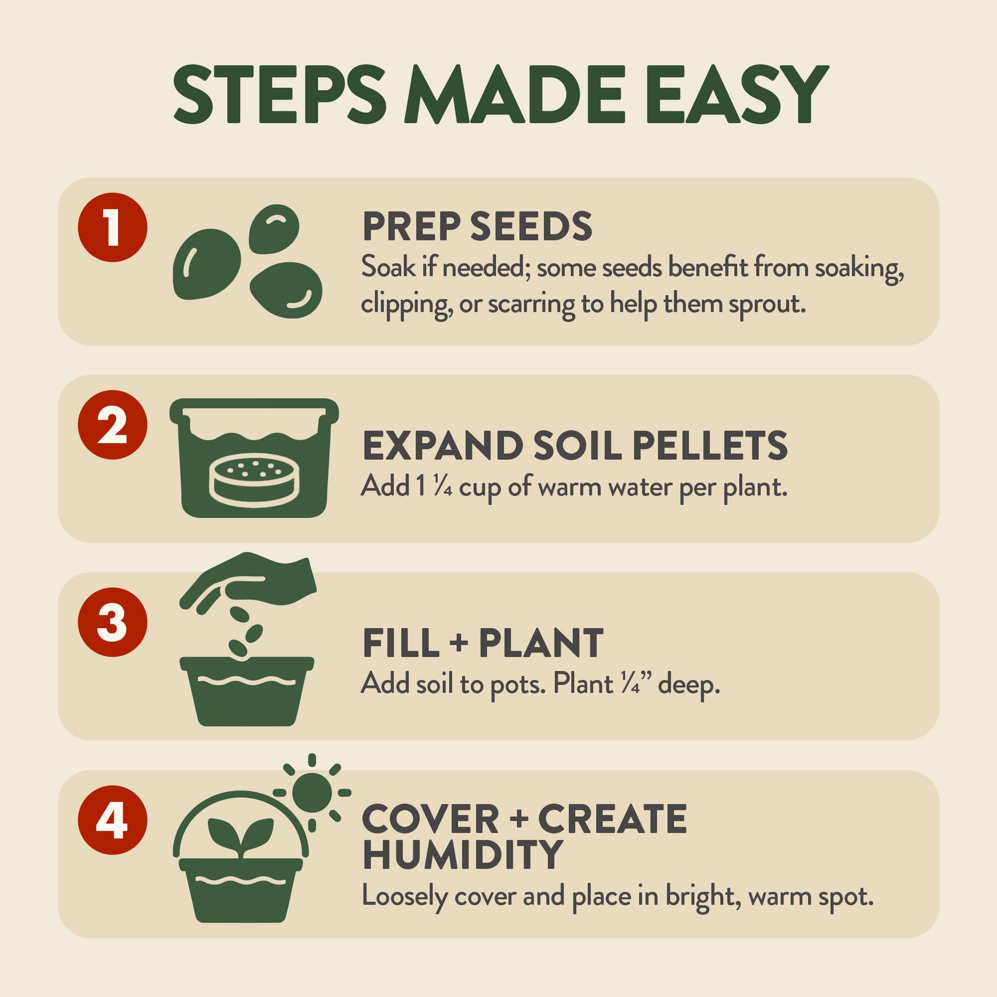HOME GROWN individual seed packets for four tree varieties with clear labeling for variety