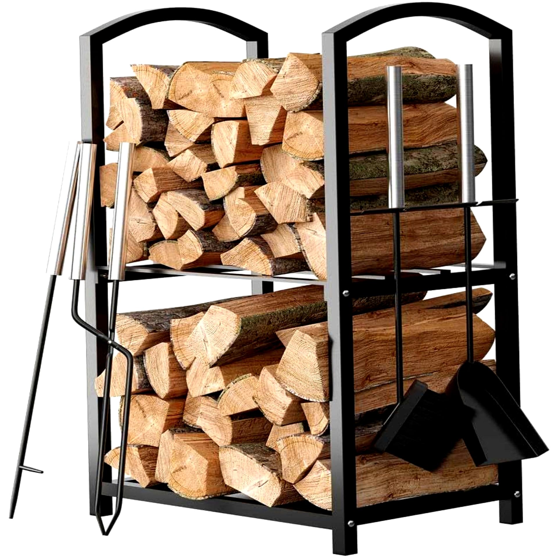 HOME IT front view of two-tier firewood rack showing tidy log storage