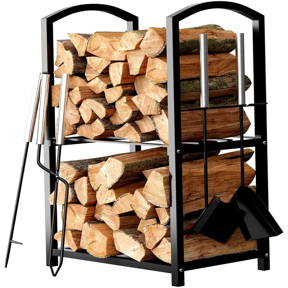 HOME IT front view of two-tier firewood rack showing tidy log storage