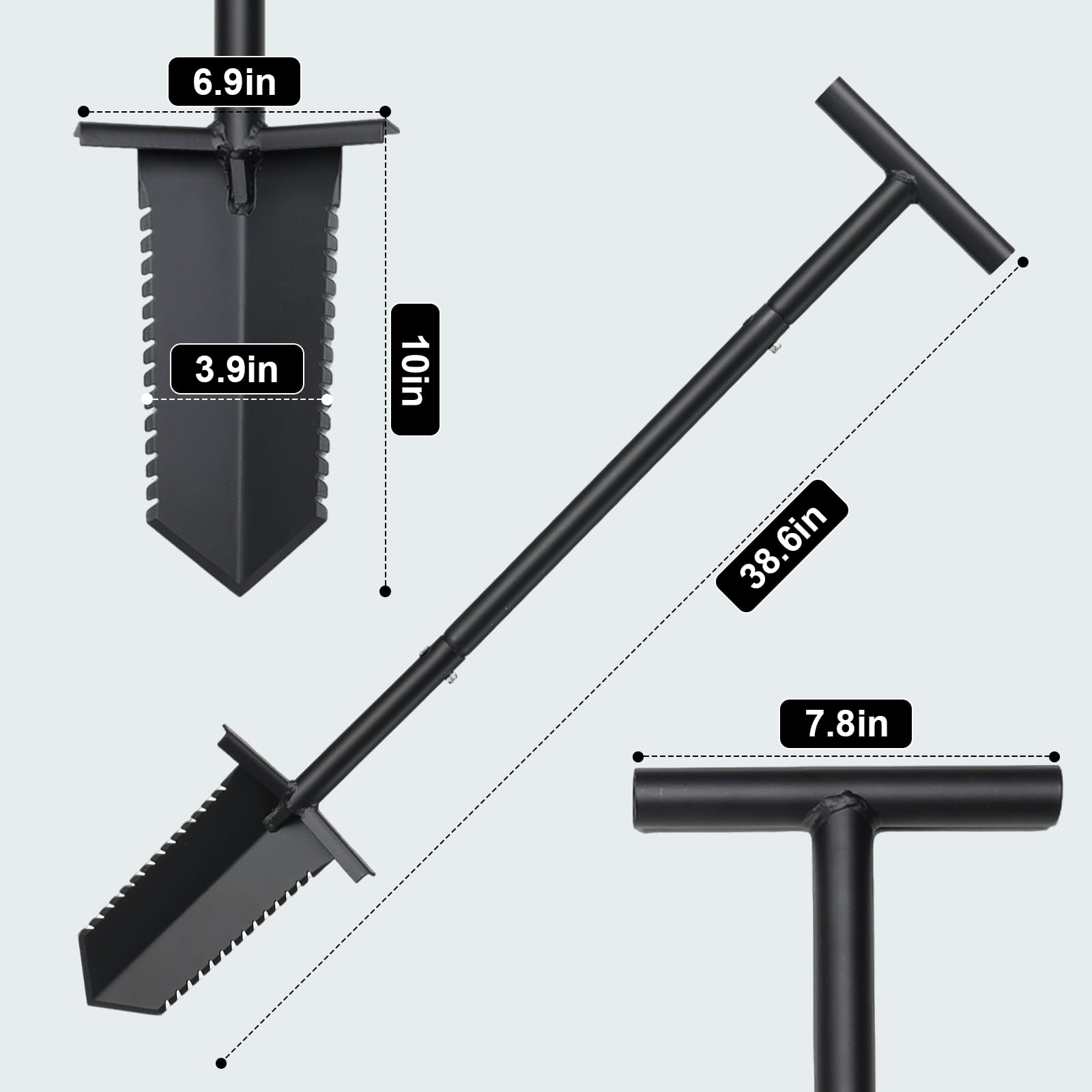 HOME RIGHT close-up of serrated V-blade demonstrating efficient root cutting