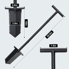 HOME RIGHT close-up of serrated V-blade demonstrating efficient root cutting
