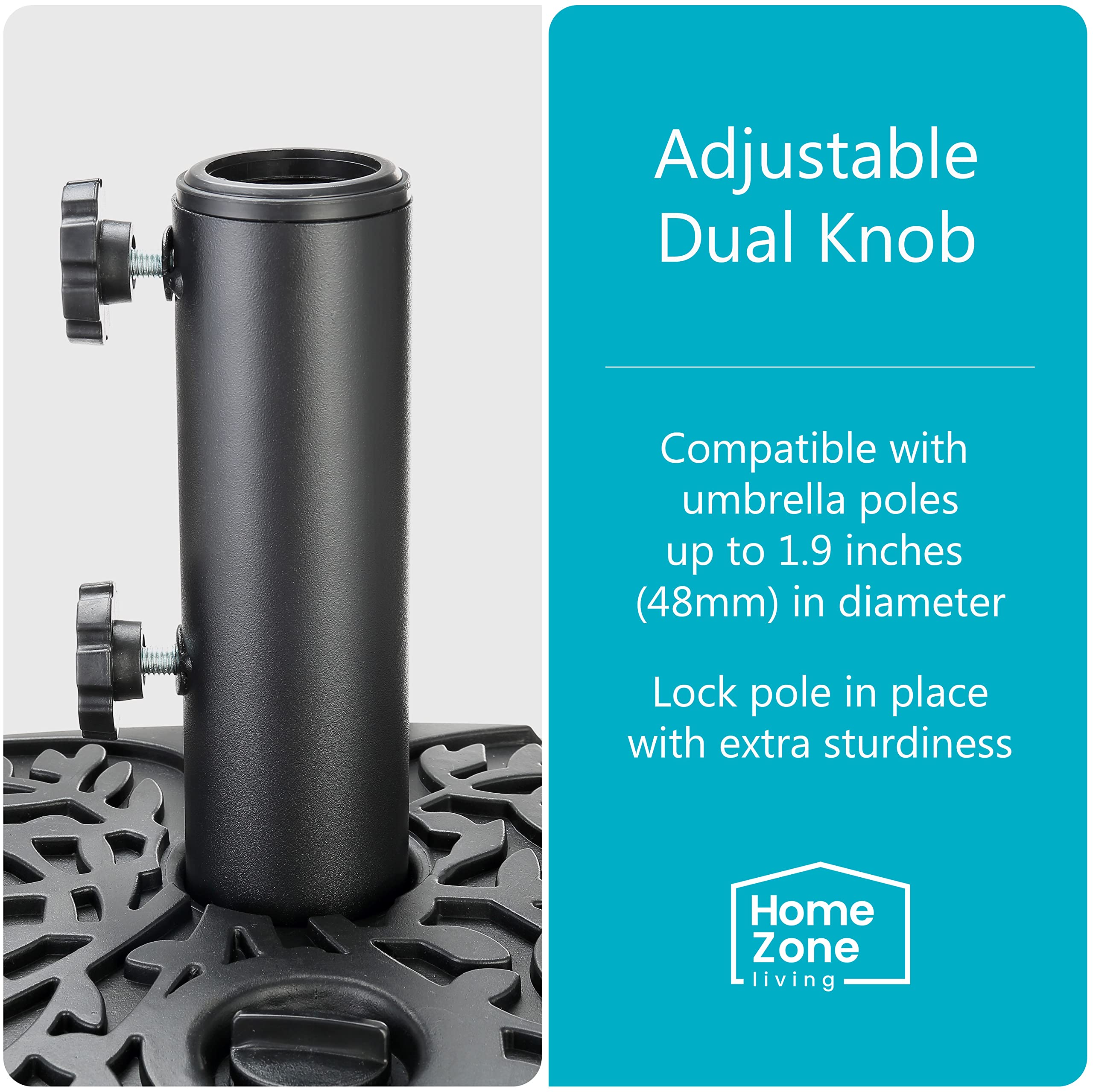 Home Zone Living close-up of adjustable knob securing umbrella pole for tight fit