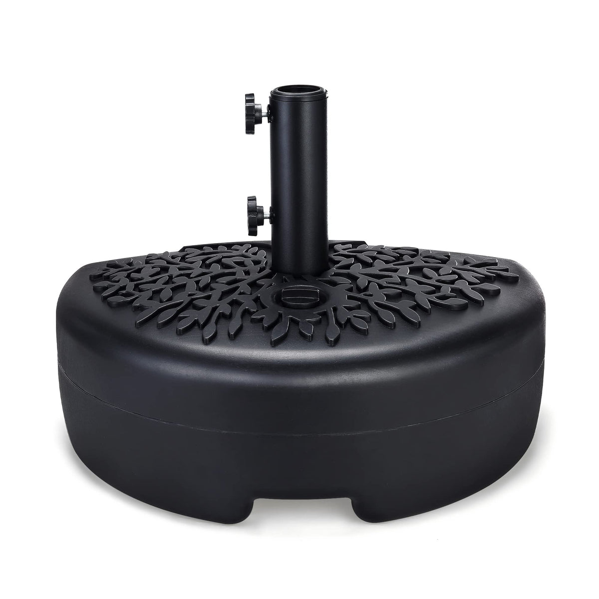 Home Zone Living front view of half-round umbrella base showing compact footprint and brand