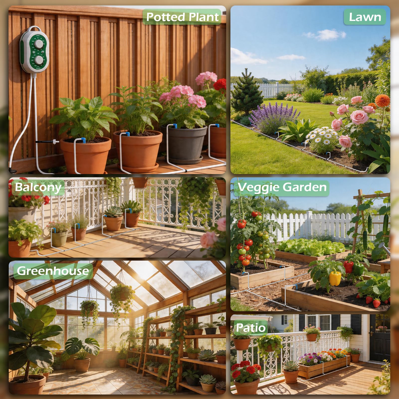 HOMECHOOSE pump installed serving multiple potted plants with even moisture