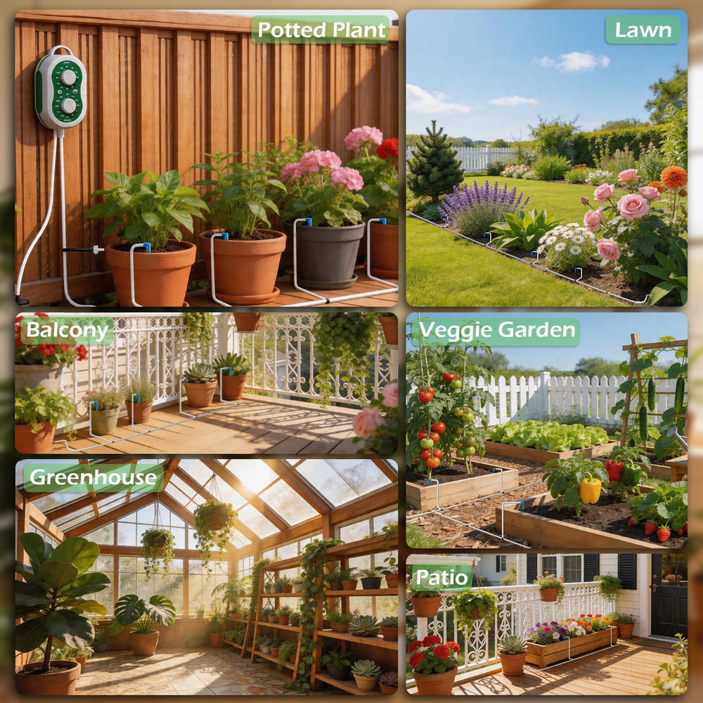 HOMECHOOSE pump installed serving multiple potted plants with even moisture