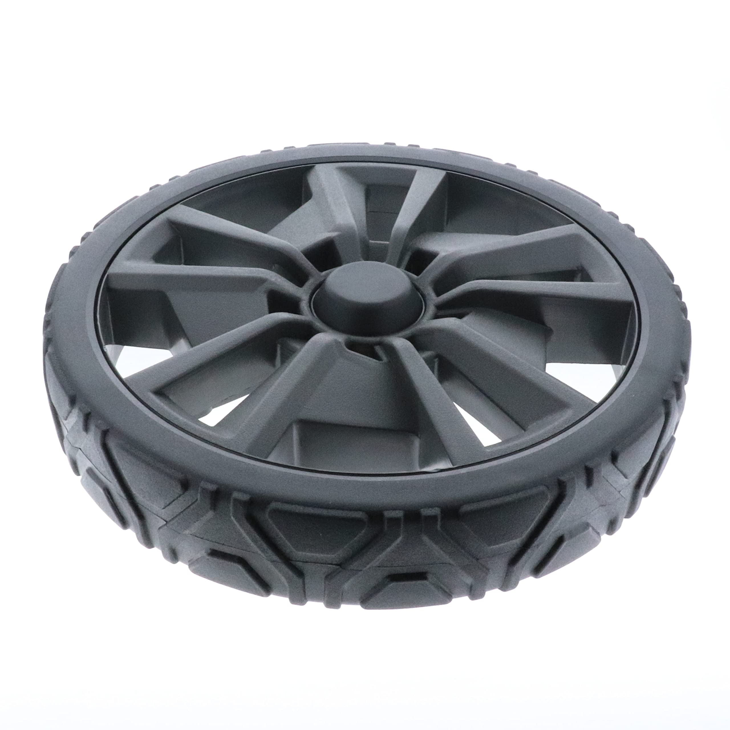 Homelite 10-inch wheel assembly front profile showing OEM fit for easy replacement