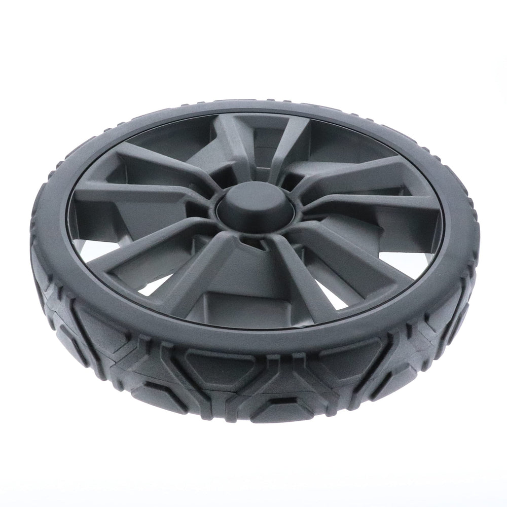 Homelite 10-inch wheel assembly front profile showing OEM fit for easy replacement