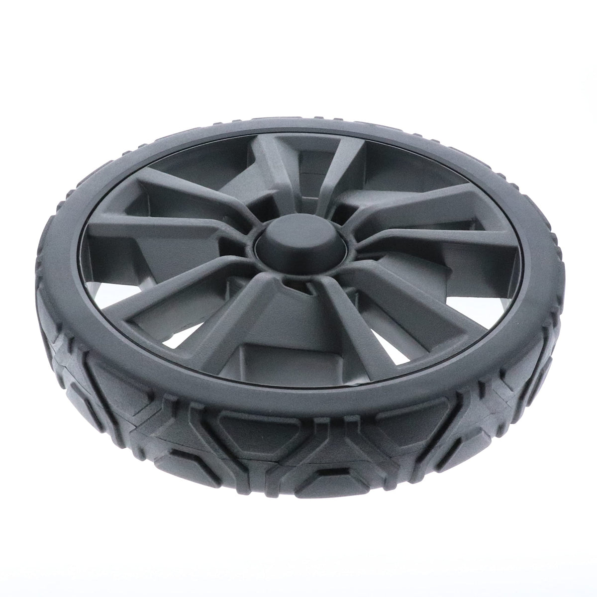 Homelite 10-inch wheel assembly front profile showing OEM fit for easy replacement