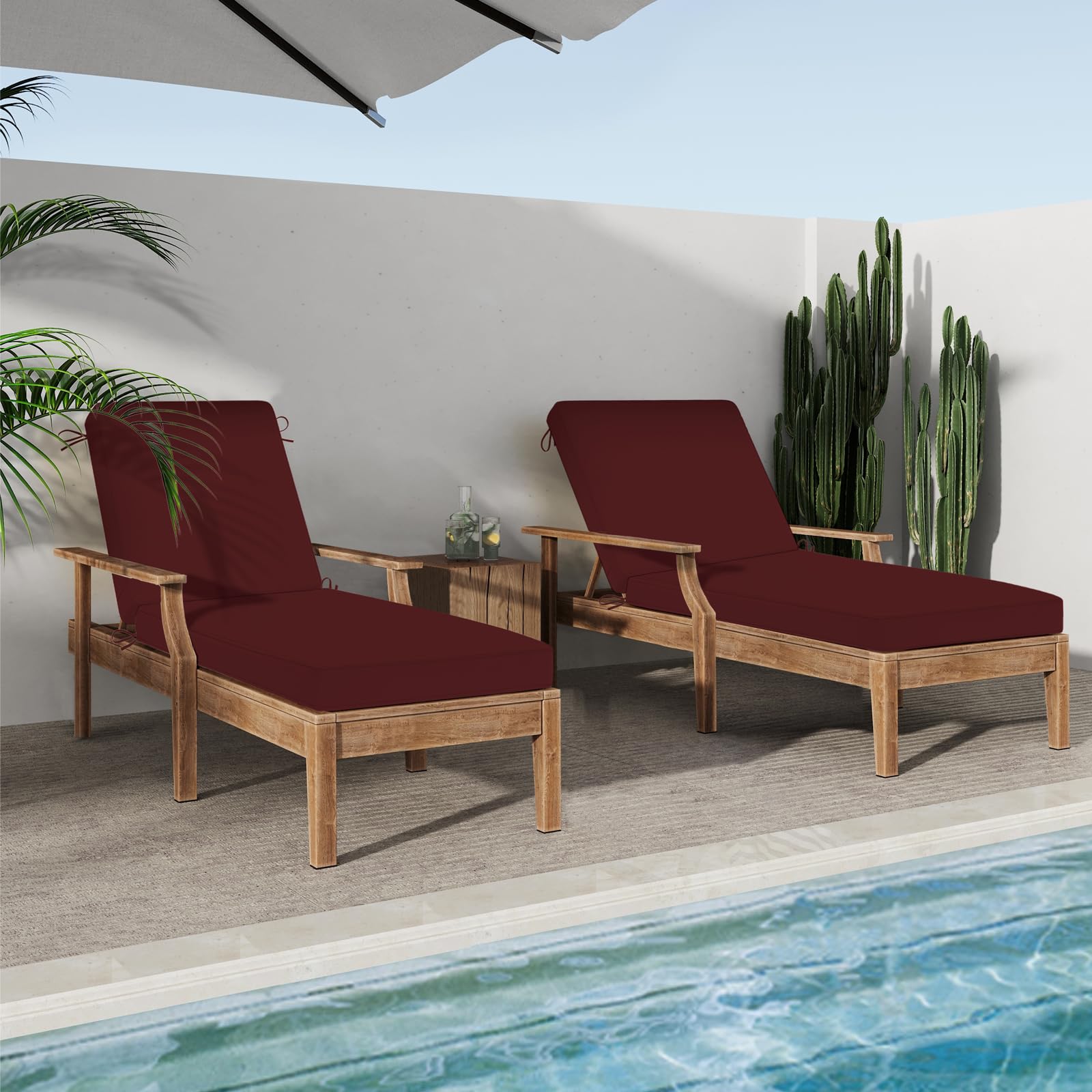 HOMELYSIAN poolside lifestyle scene showing burgundy cushion enhancing outdoor seating comfort
