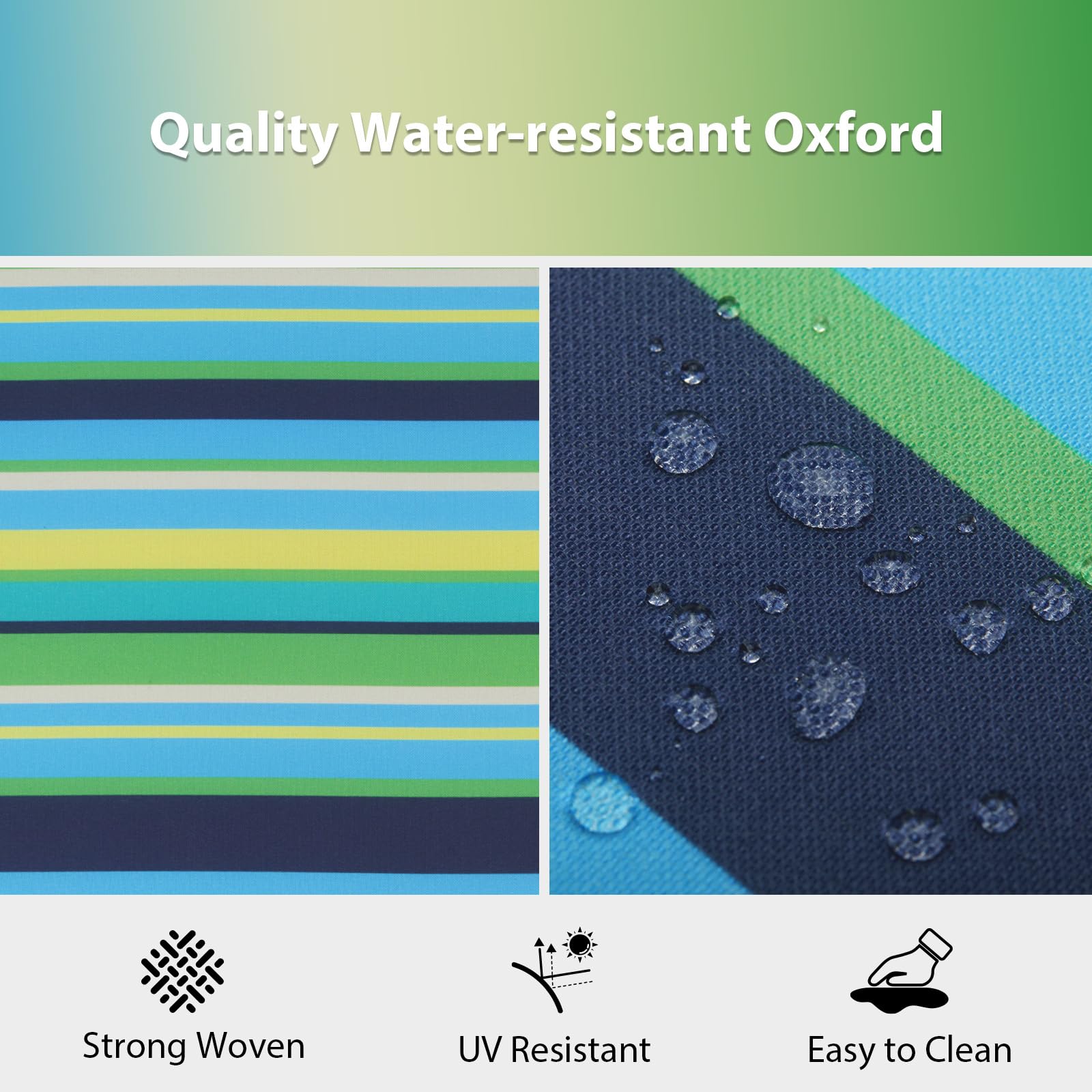 HOMELYSIAN close-up of blue and green pinstripe Oxford fabric showing texture and water resistance benefit