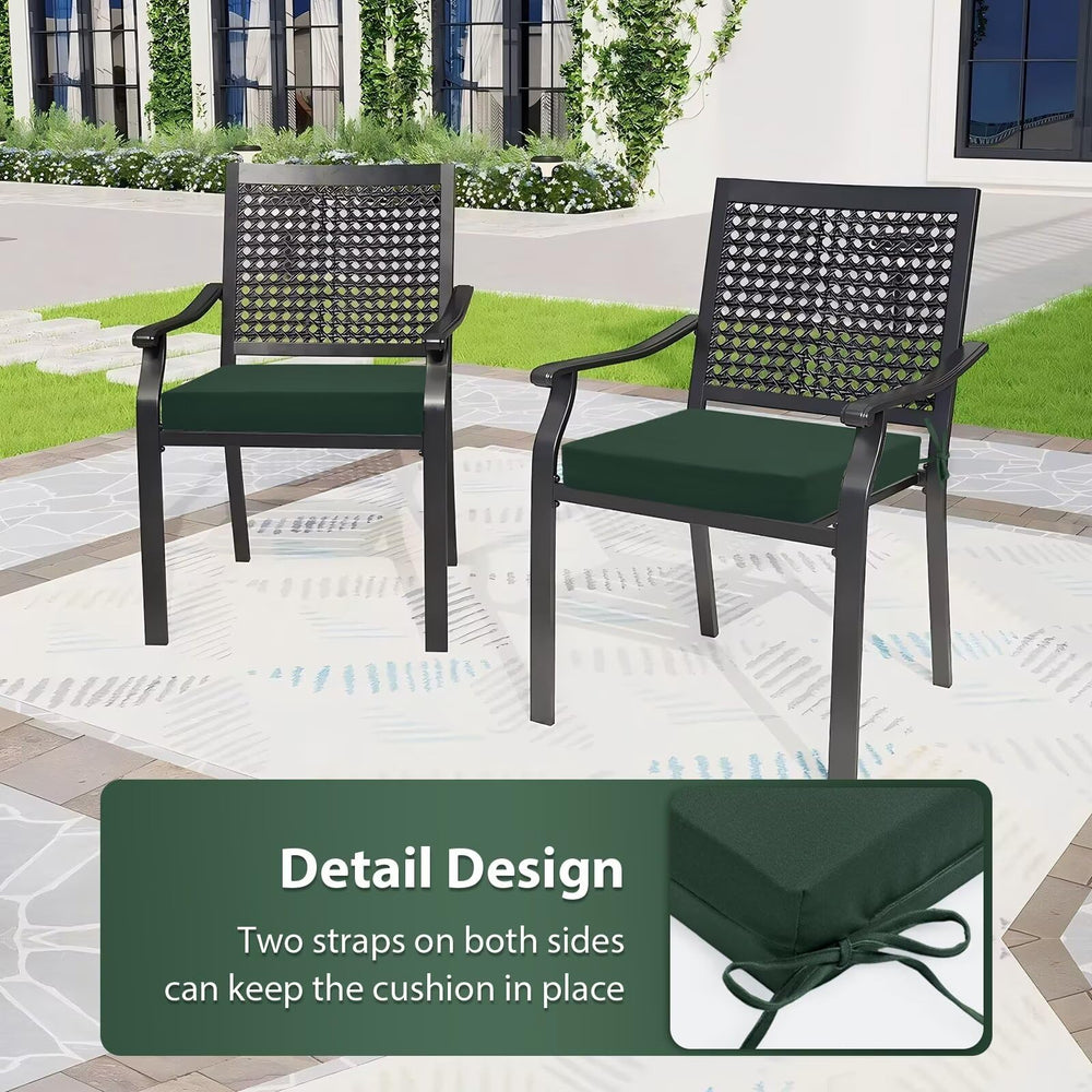HOMELYSIAN cushion placed on a patio dining chair demonstrating secure, stable seating