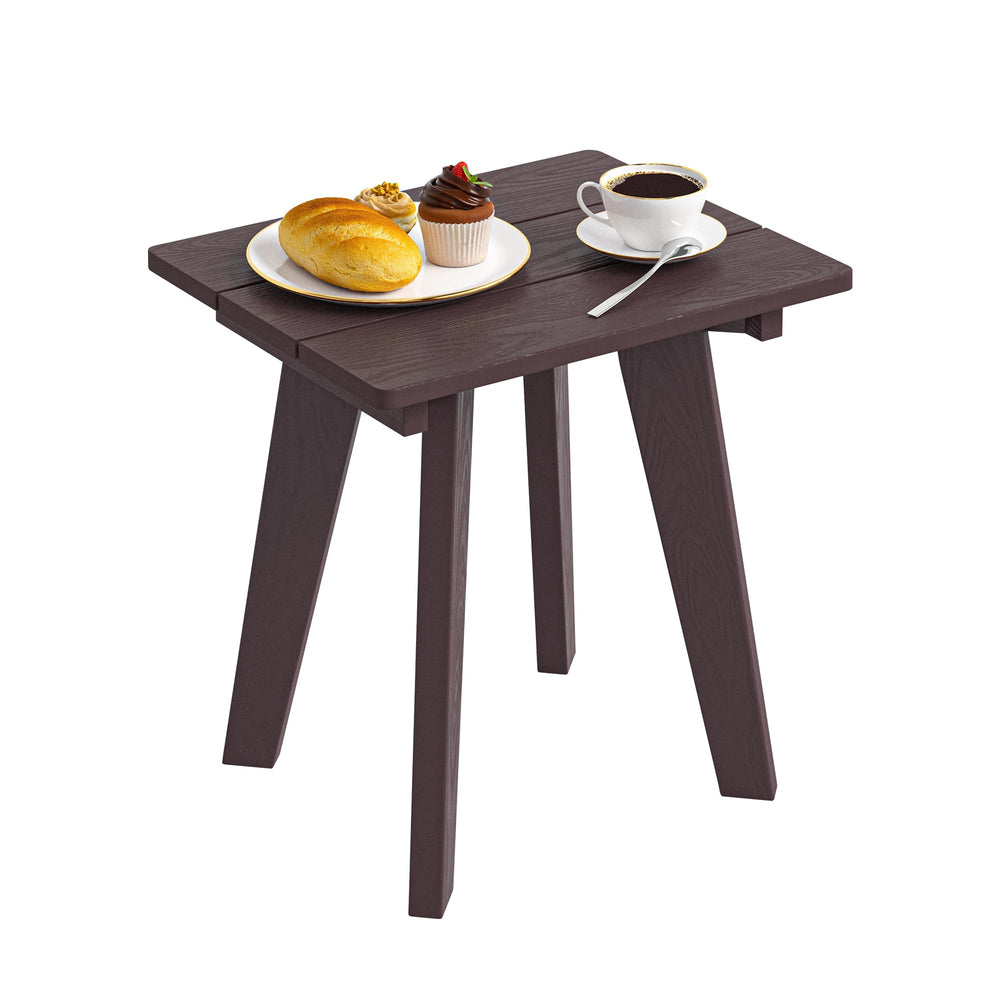 Homenjoy side table front view showing chocolate brown finish and stable top