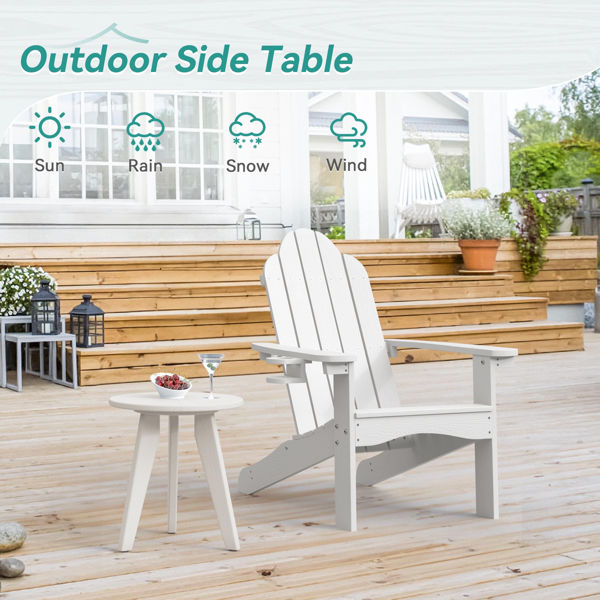 Homenjoy table staged on patio showing easy portability and bright white finish