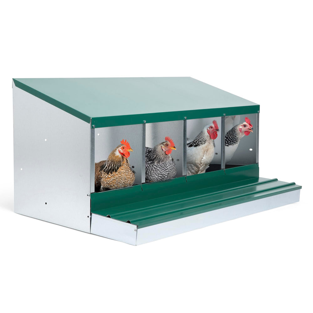 Homestead Essentials front view of four-compartment nesting box showing layout and build quality